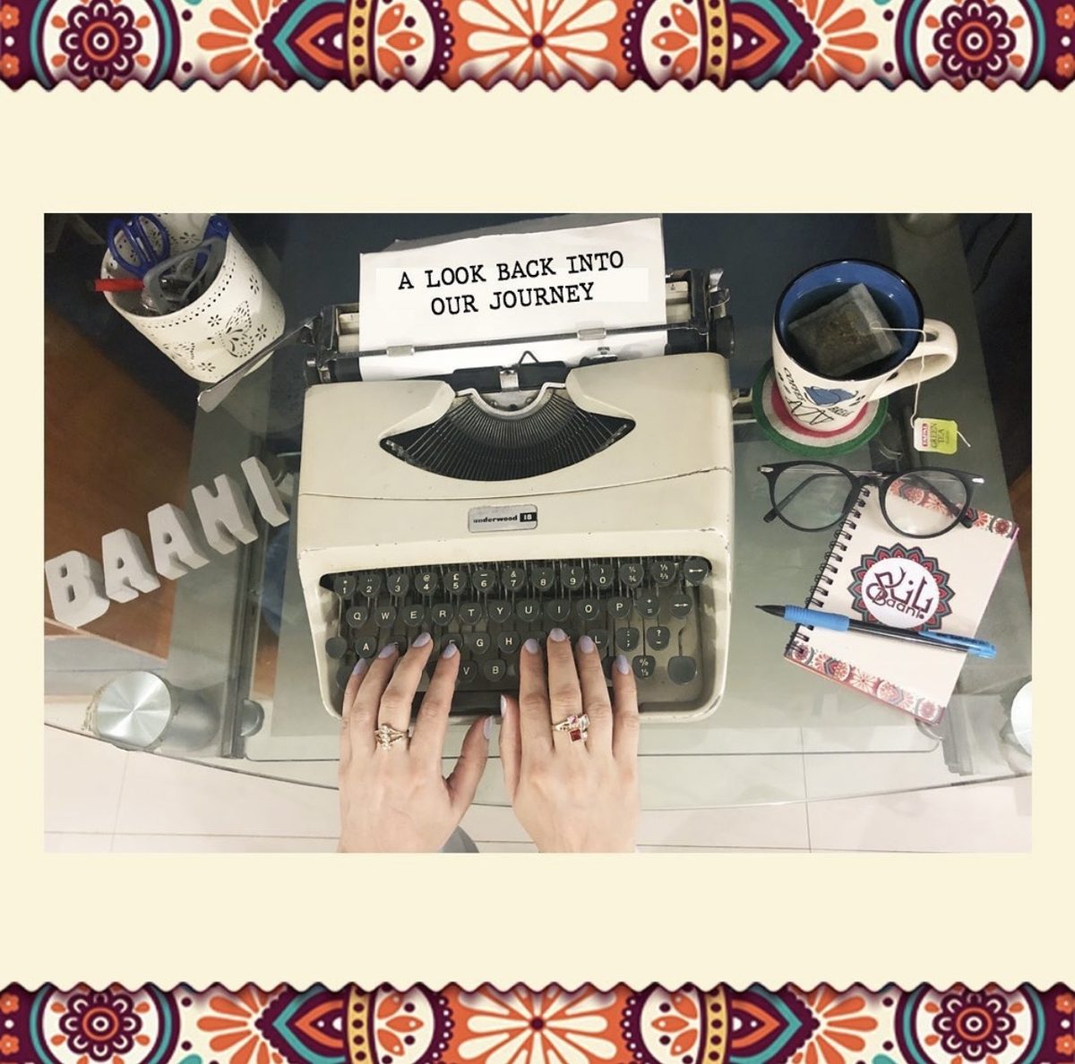 Baani anniversary social content featuring typewriter creative